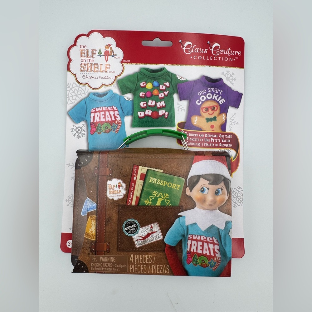 The ELF on the SHELF 3 T-Shirts & Suitcase Keepsake Claus Couture 4pc Brand New!